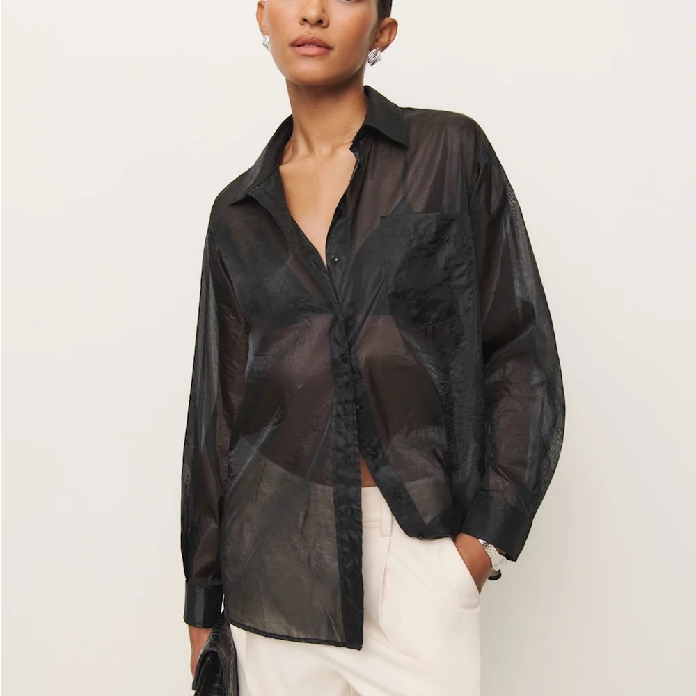 Reformation Eli Oversized Sheer Shirt in Black - Button Down XS - 90s